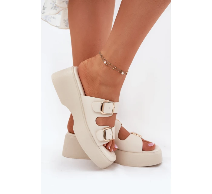 Dámské pantofle na platformě a klínu s přezkami světle béžové Nitarelia Dámské pantofle na platformě a klínu s přezkami světle béžové Nitarelia