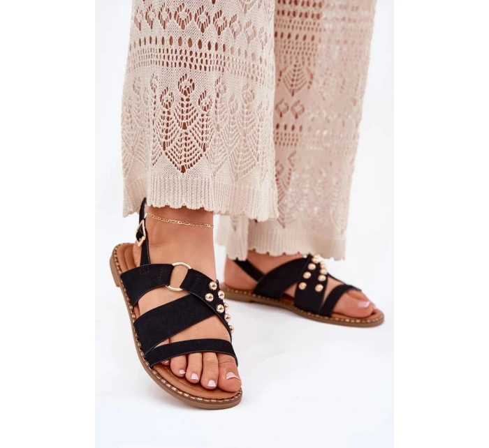 Dámské sandály na nízkém podpatku se zlatými cvoky – černé