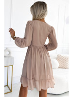 MILA - Béžové dámské šifonové midi šaty s dlouhými rukávy a výstřihem 538-1