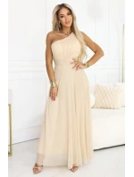 656-2 Dlouhé třpytivé večerní šaty na jedno rameno - šampaňsko-béžové