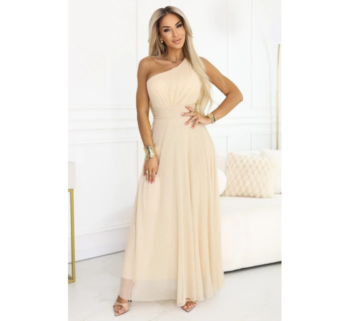 656-2 Dlouhé třpytivé večerní šaty na jedno rameno - šampaňsko-béžové