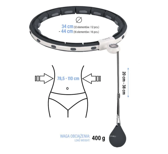 MAGNETICKÝ HULA HOP SET ČERNÝ HHM15 S POČÍTADLEM HMS + ZEŠTÍHLUJÍCÍ PÁS BR163 ČERVENÝ