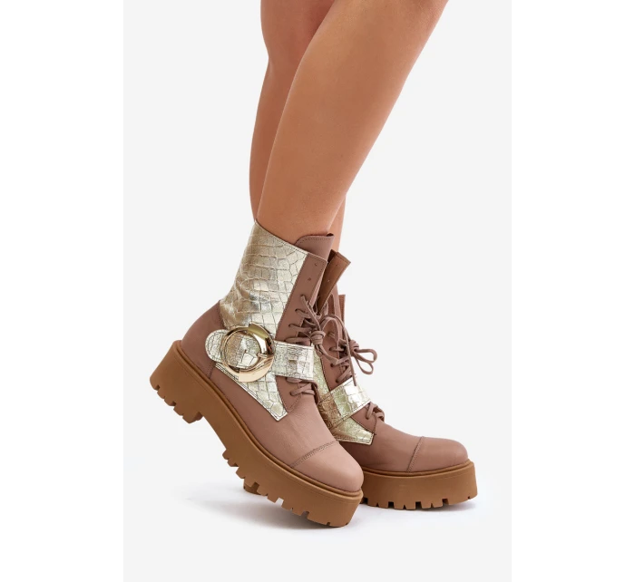 Kožené Boty Worker Se Zlatým Béžové model 21672979 - Zazoo