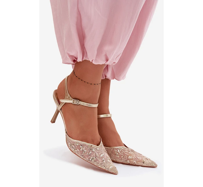 Pánské síťované dámské sandály na jehlovém podpatku se zdobením Zlato model 22103194 - Boto