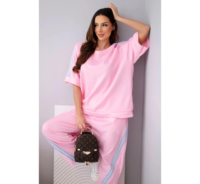 Dámský máslový komplet z model 22015424 mikina a kalhoty s lampasy bonbónově růžový - K-Fashion