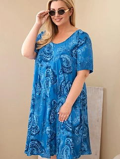 Dámské viskózové šaty Plus Size s krátkým rukávem a paisley střihem chrpová