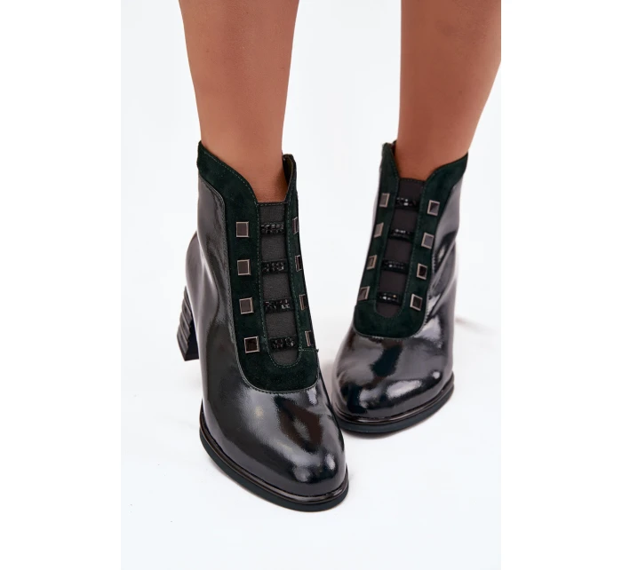 Lakované dámské kotníkové boty z přírodní kůže na podpatku model 21713856 tmavě zelené - D&A