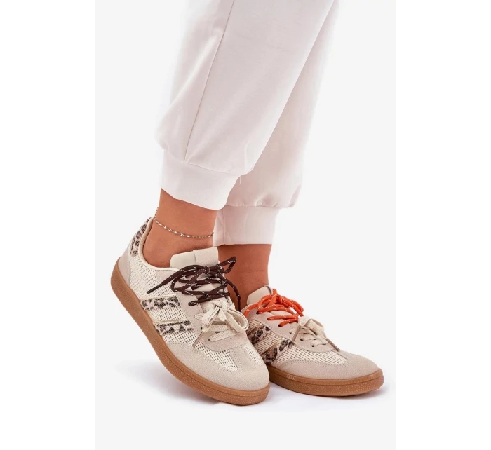 Dámské tenisky s dvojitým šněrováním – béžové s panterím vzorem