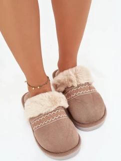 Dámské pantofle s kožíškem a výšivkou – khaki Devianne