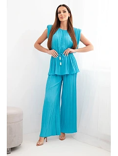 Dámský viskózový plisovaný komplet se zavazovací halenkou a širokými kalhotami tyrkysový