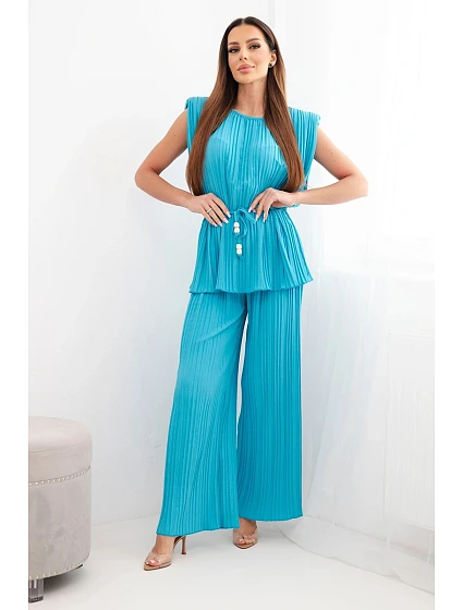 Dámský viskózový plisovaný komplet se zavazovací halenkou a širokými kalhotami tyrkysový