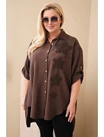 Dámská košile Plus Size z viskózy s květinovou výšivkou hnědá