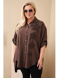 Dámská košile Plus Size z viskózy s květinovou výšivkou hnědá