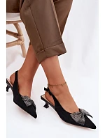 Kožené semišové sandály s mašlí na podpatku model 22100311 černé - D&A