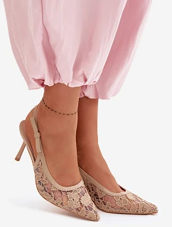 Dámské sandály na podpatku s krajkou tmavě béžové Pelivelle
