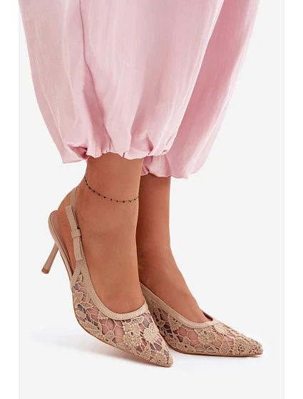Dámské sandály na podpatku s krajkou tmavě béžové Pelivelle Dámské sandály na podpatku s krajkou tmavě béžové Pelivelle