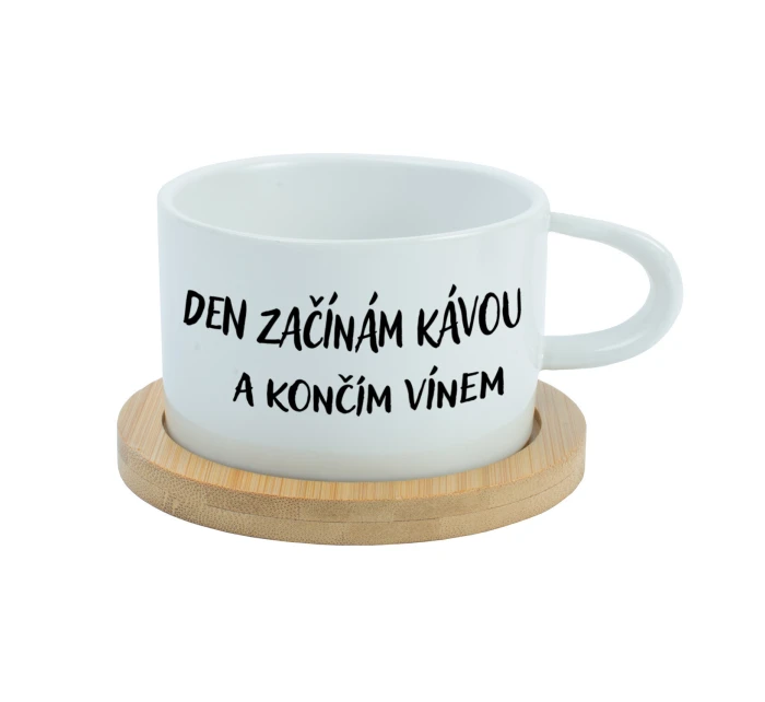 DEN ZAČÍNÁM KÁVOU A KONČÍM VÍNEM - bílý hrníček makronka 200 ml