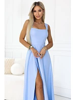 633-4 Dlouhé svatební šaty AURELIA s rozparkem a výstřihem - modré s třpytkami