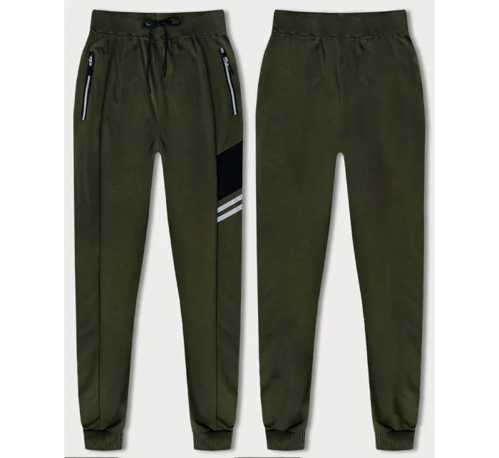 Pánské teplákové kalhoty v khaki barvě s barevnými vsadkami model 18619881 - J.STYLE
