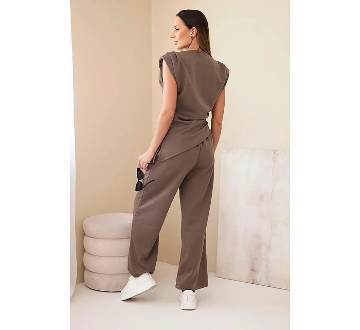 Komplet asymetrická halenka + kalhoty mocca