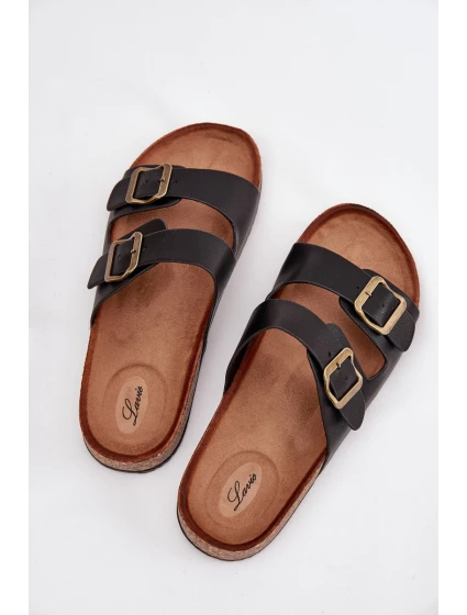 Dámské pantofle na korkové platformě s přezkami – černé