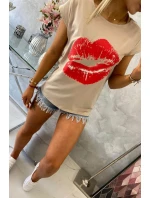 Halenka s potiskem rtů béžová