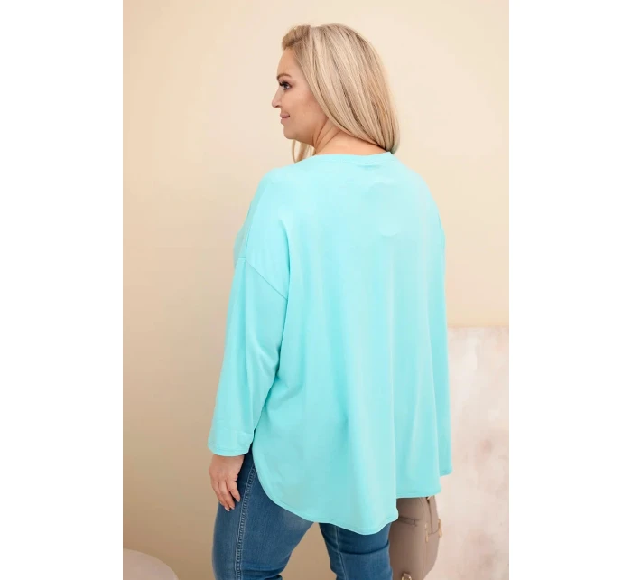 Dámská blůza Plus Size s bavlnou, kapsou a ohrnutým rukávem mátová