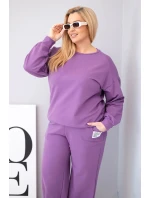 Dámská souprava Plus Size bavlněná s volnou mikinou a širokými kalhotami fialový