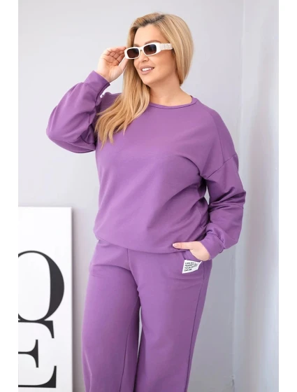 Dámská souprava Plus Size bavlněná s volnou mikinou a širokými kalhotami fialový