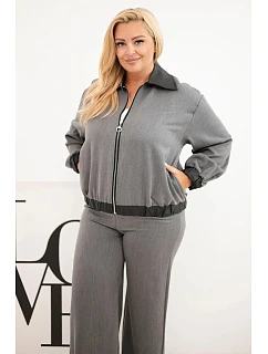 Dámský komplet Plus Size s mikinou na zip a širokými kalhotami grafitový