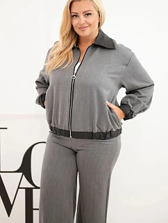 Dámský komplet Plus Size s mikinou na zip a širokými kalhotami grafitový