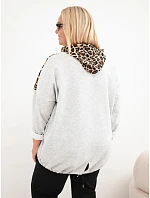 Dámská mikina Plus Size z viskózy s kapucí a leopardími detaily šedá