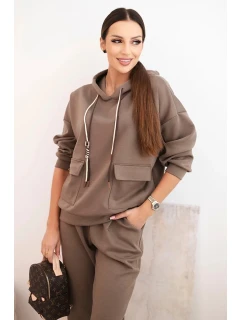 Komplet dámský máslový mikina s kapucí a kalhoty s páskem fango