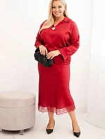 Komplet dámský Plus Size se saténovým leskem a krajkou bordový