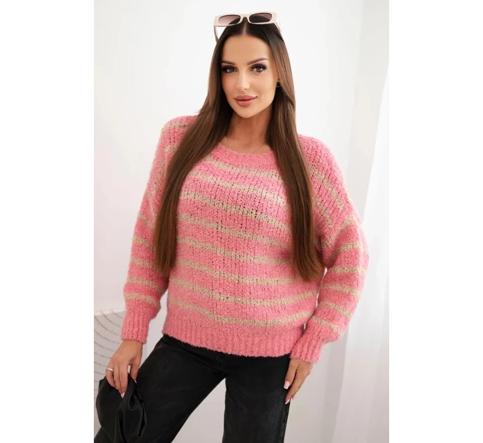 Svetr dámský pruhovaný s vlnou volného střihu růžový Svetr dámský pruhovaný s vlnou volného střihu růžový