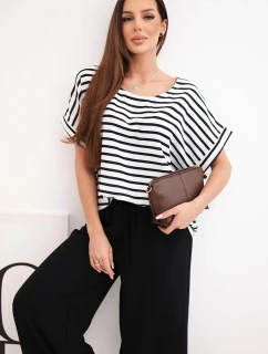 Dámská viskózová souprava s model 21951965 blůzou a širokými kalhotami s gumou černý - K-Fashion