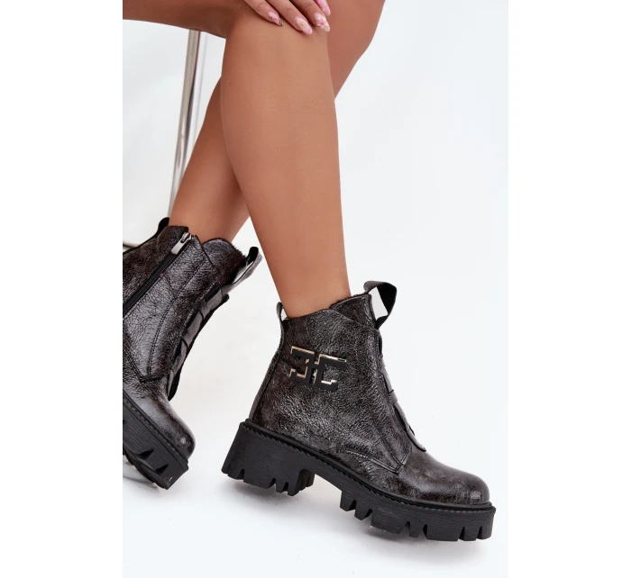Kožené lakované dámské boty s ozdobou zateplené Artiker 57C2081 grafitové
