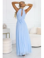 Elegantní maxi večerní šaty na ramínka s a zavazováním v pase modré model 22004204 - numoco basic