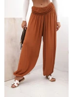 Dámské viskózové kalhoty s širokými nohavicemi a volánky zázvor