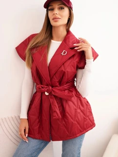 Dámská prošívaná vesta s páskem a širokým límcem bordová
