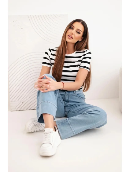 Dámské kalhoty s širokými nohavicemi a vysokým pasem denim modré Dámské kalhoty s širokými nohavicemi a vysokým pasem denim modré