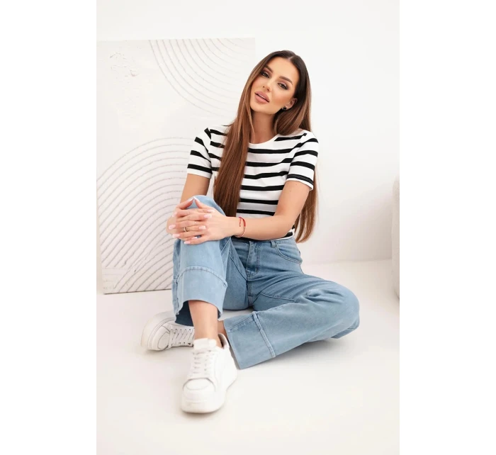 Dámské kalhoty s širokými nohavicemi a vysokým pasem denim modré