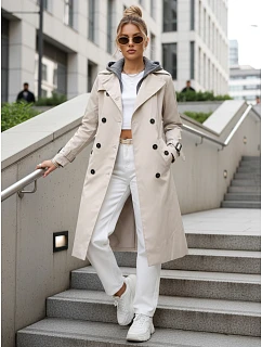 Dámský dvouřadý trenčkot s kapucí světle béžový FashionStreet TY5655