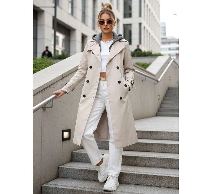 Dámský dvouřadý trenčkot s kapucí světle béžový FashionStreet TY5655