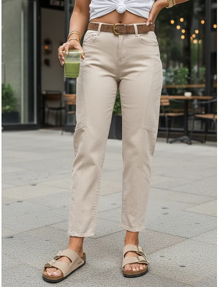 Dámské džíny mom fit s páskem béžové FashionStreet UY3055