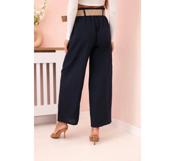 Dámské lněné kalhoty se širokými nohavicemi a páskem námořnická modř