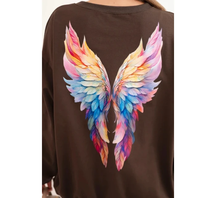 Dámská oversize mikina z bavlny s barevnými model 21421754 na zádech hnědá - K-Fashion