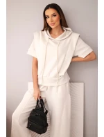 Dámská máslová souprava mikina s kapucí a volné kalhoty se šňůrkou béžový