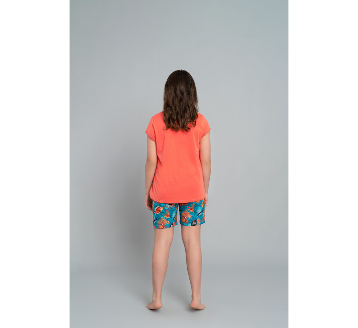 Dívčí pyžamo Oceania, krátký rukáv, krátké nohavice - korál/potisk