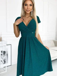 425-6 MATILDE Šaty s výstřihem a krátkými rukávy - ZELENÉ se třpytkami